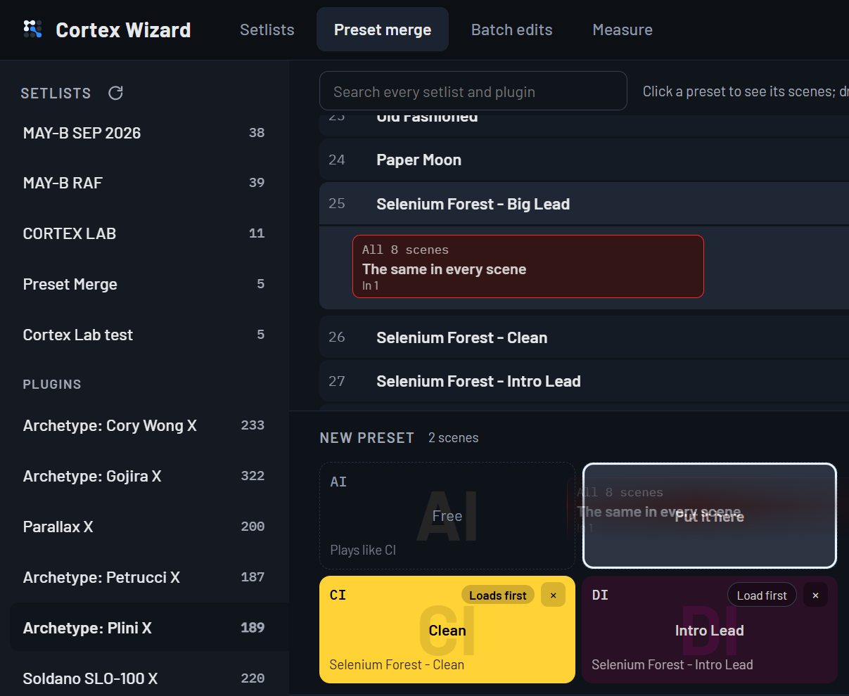 The Preset merge screen: the Big Lead scene of Selenium Forest dragged onto a free scene of the new preset