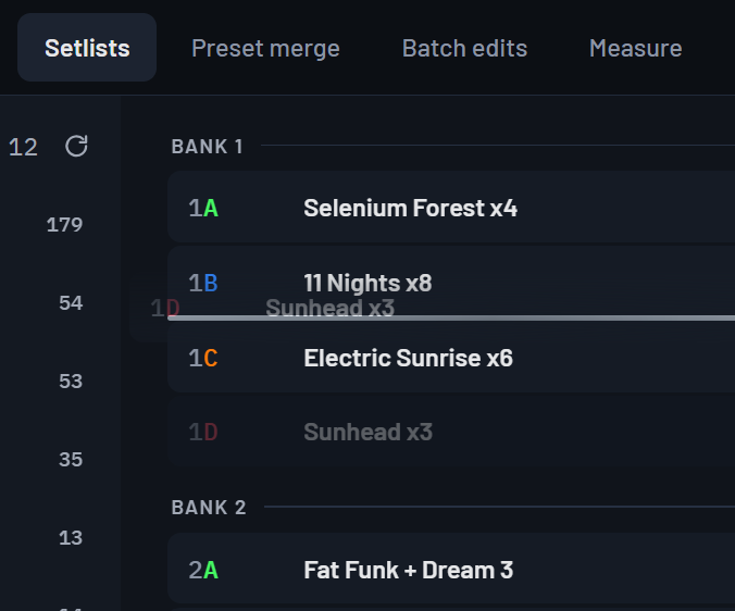 The Setlists screen: Sunhead x3 dragged from 1D to between 1B and 1C